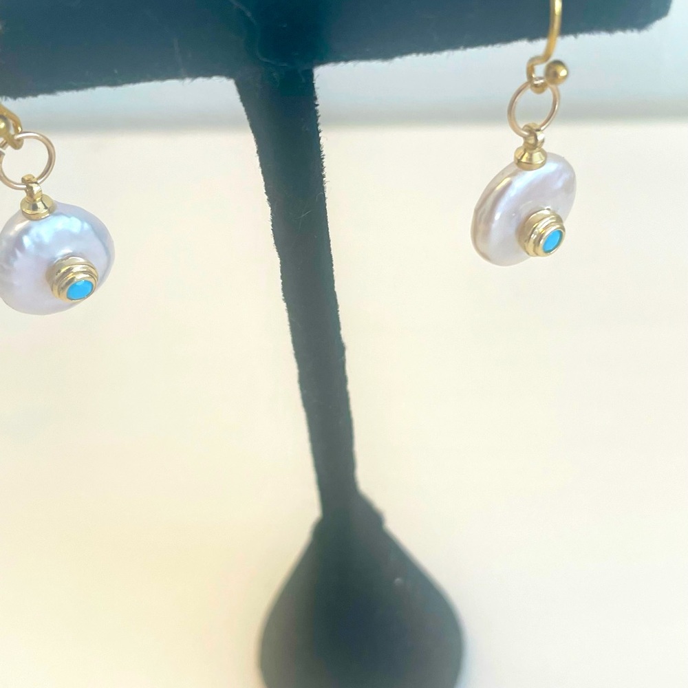 Coin Pearl Dangle Earrings with Turquoise Center Handmade by Sheoma